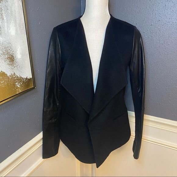 Vince Leather Sleeve Boiled Wool Jacket - Picture 2 of 12
